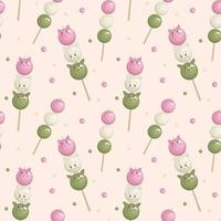 Japanese traditional dessert pattern on light pink background. Hanami Dango. Japanese Dango dessert. Pattern for print, textile, wrapping paper, decoration. Vector illustration. Cartoon style.