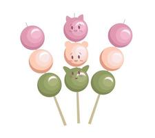 Dango Japanese dessert set isolated on white. Hanami Dango dessert with 3 colors pink, white and green. Vector illustration. Cartoon style.