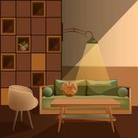 Living room interior. Sofa with coffee table, rack, chair and lamp. A cozy place to read, relax or reflect. Set of vector furniture and flowers. Flat style. Graphic design template.