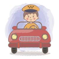 niño taxista. el niño del taxista se sienta al volante. conductor con coche rojo. día de la carrera en el jardín de infantes. profesión. colorida ilustración vectorial aislada para niños. vector