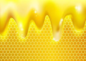 Beehive on golden screen. Abstract hexagonal pattern background. Hexagon design. Realistic golden yellow syrup honey drops or liquid oil droplets splashes vector