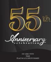 55 Anniversary Invitation and Greeting Card Design, Golden and Silver Coloured, Elegant Design, Isolated on Black Background. Vector illustration.