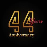 Logotipo de celebración del 44 aniversario con diseño elegante de color dorado y rojo escrito a mano. aniversario vectorial para celebración, tarjeta de invitación y tarjeta de felicitación. vector
