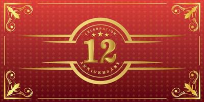 12th anniversary logo with golden ring, confetti and gold border isolated on elegant red background, sparkle, vector design for greeting card and invitation card