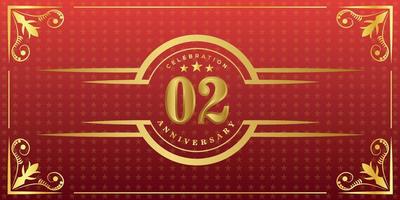 02nd anniversary logo with golden ring, confetti and gold border isolated on elegant red background, sparkle, vector design for greeting card and invitation card