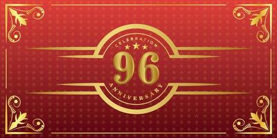 96th anniversary logo with golden ring, confetti and gold border isolated on elegant red background, sparkle, vector design for greeting card and invitation card