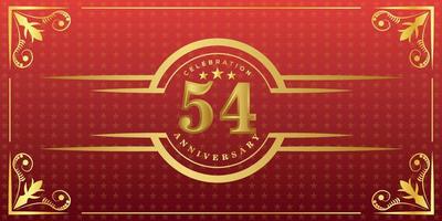 54th anniversary logo with golden ring, confetti and gold border isolated on elegant red background, sparkle, vector design for greeting card and invitation card