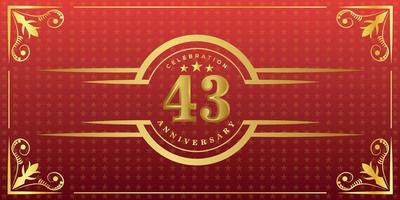 43th anniversary logo with golden ring, confetti and gold border isolated on elegant red background, sparkle, vector design for greeting card and invitation card