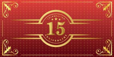 15th anniversary logo with golden ring, confetti and gold border isolated on elegant red background, sparkle, vector design for greeting card and invitation card