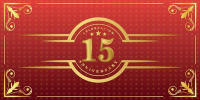 15th anniversary logo with golden ring, confetti and gold border isolated on elegant red background, sparkle, vector design for greeting card and invitation card