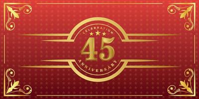 45th anniversary logo with golden ring, confetti and gold border isolated on elegant red background, sparkle, vector design for greeting card and invitation card