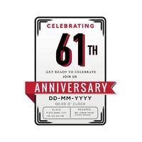 61 Years Anniversary Logo Celebration and Invitation Card with red ribbon Isolated on white Background vector