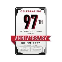 97 Years Anniversary Logo Celebration and Invitation Card with red ribbon Isolated on white Background vector
