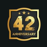 Celebrating 42nd  years anniversary with golden border and stars on dark background, vector design.