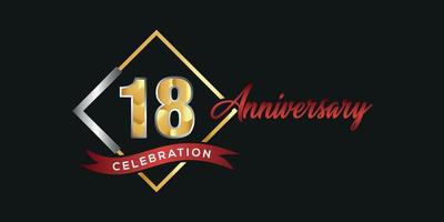 18th anniversary logo with golden and silver box, confetti and red ribbon isolated on elegant black background, vector design for greeting card and invitation card