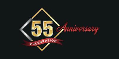 55th anniversary logo with golden and silver box, confetti and red ribbon isolated on elegant black background, vector design for greeting card and invitation card