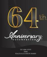 64 Anniversary Invitation and Greeting Card Design, Golden and Silver Coloured, Elegant Design, Isolated on Black Background. Vector illustration.