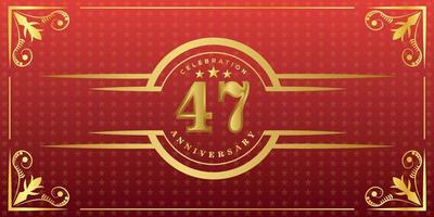 47th anniversary logo with golden ring, confetti and gold border isolated on elegant red background, sparkle, vector design for greeting card and invitation card