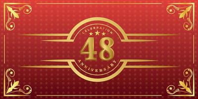 48th anniversary logo with golden ring, confetti and gold border isolated on elegant red background, sparkle, vector design for greeting card and invitation card