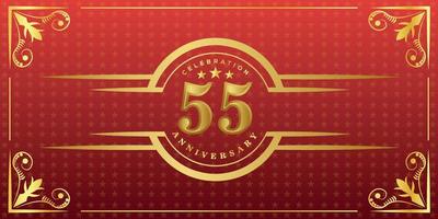 55th anniversary logo with golden ring, confetti and gold border isolated on elegant red background, sparkle, vector design for greeting card and invitation card