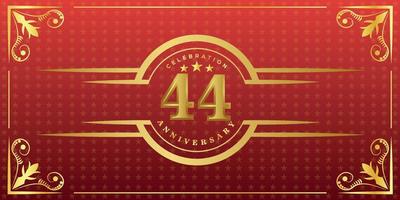 44th anniversary logo with golden ring, confetti and gold border isolated on elegant red background, sparkle, vector design for greeting card and invitation card