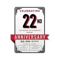 22 Years Anniversary Logo Celebration and Invitation Card with red ribbon Isolated on white Background vector