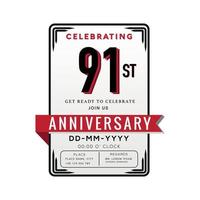 91st  Years Anniversary Logo Celebration and Invitation Card with red ribbon Isolated on white Background vector