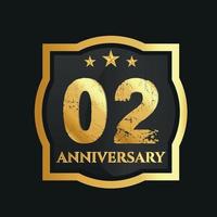 Celebrating 02nd years anniversary with golden border and stars on dark background, vector design.