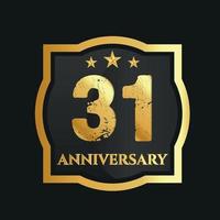 Celebrating 31st years anniversary with golden border and stars on dark background, vector design.