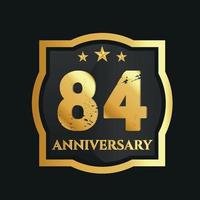 Celebrating 84th years anniversary with golden border and stars on dark background, vector design.