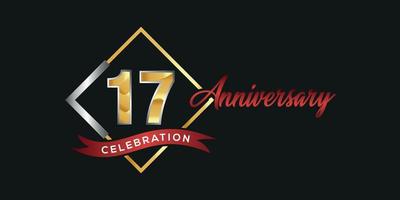 17th anniversary logo with golden and silver box, confetti and red ribbon isolated on elegant black background, vector design for greeting card and invitation card