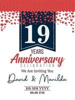 Celebración del logotipo del aniversario de 19 años con amor por el evento de celebración, cumpleaños, boda, tarjeta de felicitación e invitación vector