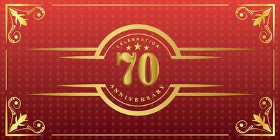 70th anniversary logo with golden ring, confetti and gold border isolated on elegant red background, sparkle, vector design for greeting card and invitation card