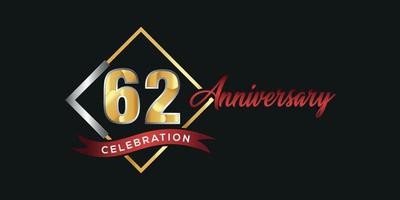 Logotipo del 62º aniversario con caja dorada y plateada, confeti y cinta roja aislada en un elegante fondo negro, diseño vectorial para tarjetas de felicitación y tarjetas de invitación vector