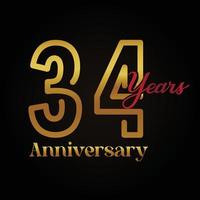 Logotipo de celebración del 34 aniversario con diseño elegante de color dorado y rojo escrito a mano. aniversario vectorial para celebración, tarjeta de invitación y tarjeta de felicitación. vector