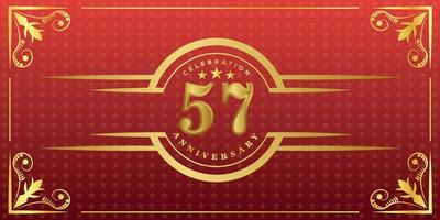 57th anniversary logo with golden ring, confetti and gold border isolated on elegant red background, sparkle, vector design for greeting card and invitation card