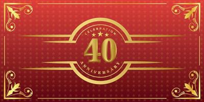 40th anniversary logo with golden ring, confetti and gold border isolated on elegant red background, sparkle, vector design for greeting card and invitation card