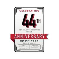 44 Years Anniversary Logo Celebration and Invitation Card with red ribbon Isolated on white Background vector