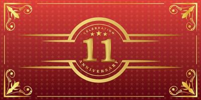 11th anniversary logo with golden ring, confetti and gold border isolated on elegant red background, sparkle, vector design for greeting card and invitation card