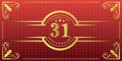 31st anniversary logo with golden ring, confetti and gold border isolated on elegant red background, sparkle, vector design for greeting card and invitation card