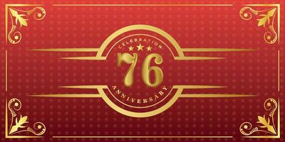 76th anniversary logo with golden ring, confetti and gold border isolated on elegant red background, sparkle, vector design for greeting card and invitation card