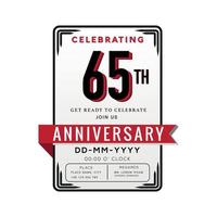 65 Years Anniversary Logo Celebration and Invitation Card with red ribbon Isolated on white Background vector