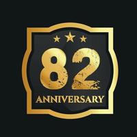 Celebrating 82nd years anniversary with golden border and stars on dark background, vector design.