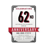 62 Years Anniversary Logo Celebration and Invitation Card with red ribbon Isolated on white Background vector