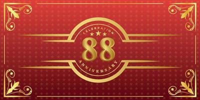 88th anniversary logo with golden ring, confetti and gold border isolated on elegant red background, sparkle, vector design for greeting card and invitation card
