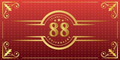 Logotipo del 88.º aniversario con anillo dorado, confeti y borde dorado aislado en un elegante fondo rojo, brillo, diseño vectorial para tarjetas de felicitación y tarjetas de invitación vector