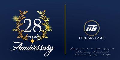 Logo del 28 aniversario con monograma de adorno elegante y plantilla de nombre de logo sobre fondo azul elegante, brillo, diseño vectorial para tarjeta de felicitación. vector