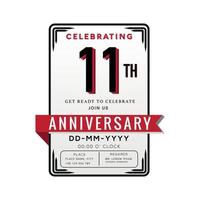 11 Years Anniversary Logo Celebration and Invitation Card with red ribbon Isolated on white Background vector