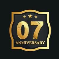 Celebrating 07th years anniversary with golden border and stars on dark background, vector design.