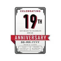 19 Years Anniversary Logo Celebration and Invitation Card with red ribbon Isolated on white Background vector